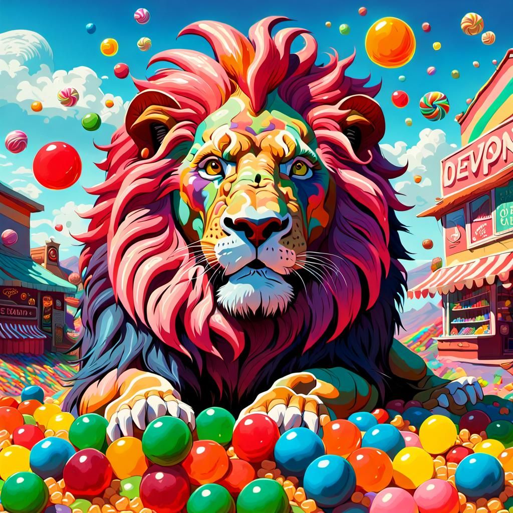 Surreal Lion Indulges in Whimsical Candy Paradise