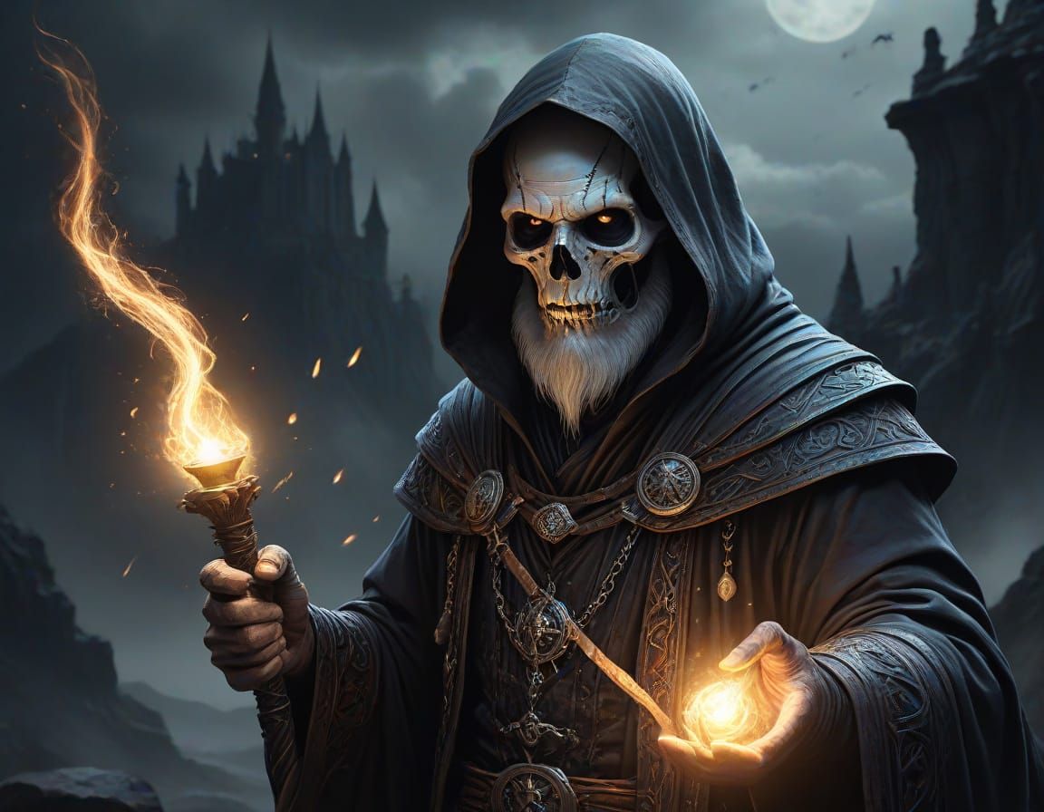 Necromancer Casting Spell in Stormy Landscape, Realistic Dig...