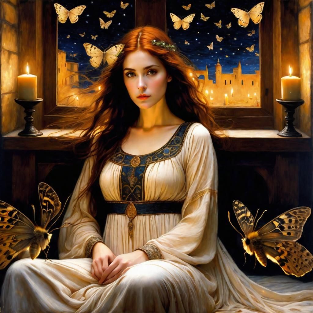 Auburn Woman with Moths in Klimt Style