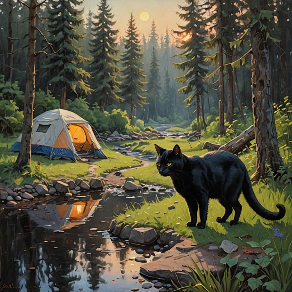 Whimsical Feline Encounter in Forested Glen