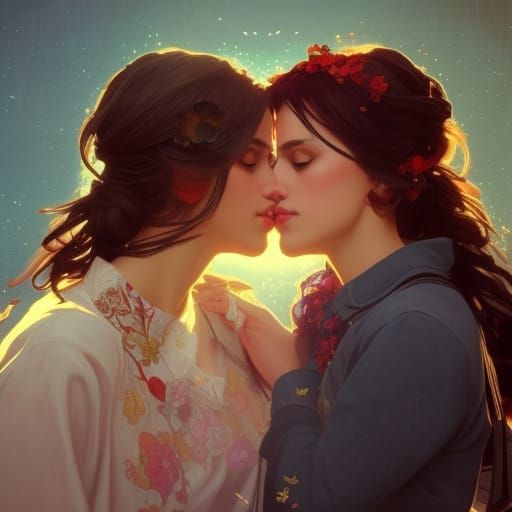 Lesbian Couple Kissing in Art Nouveau Style