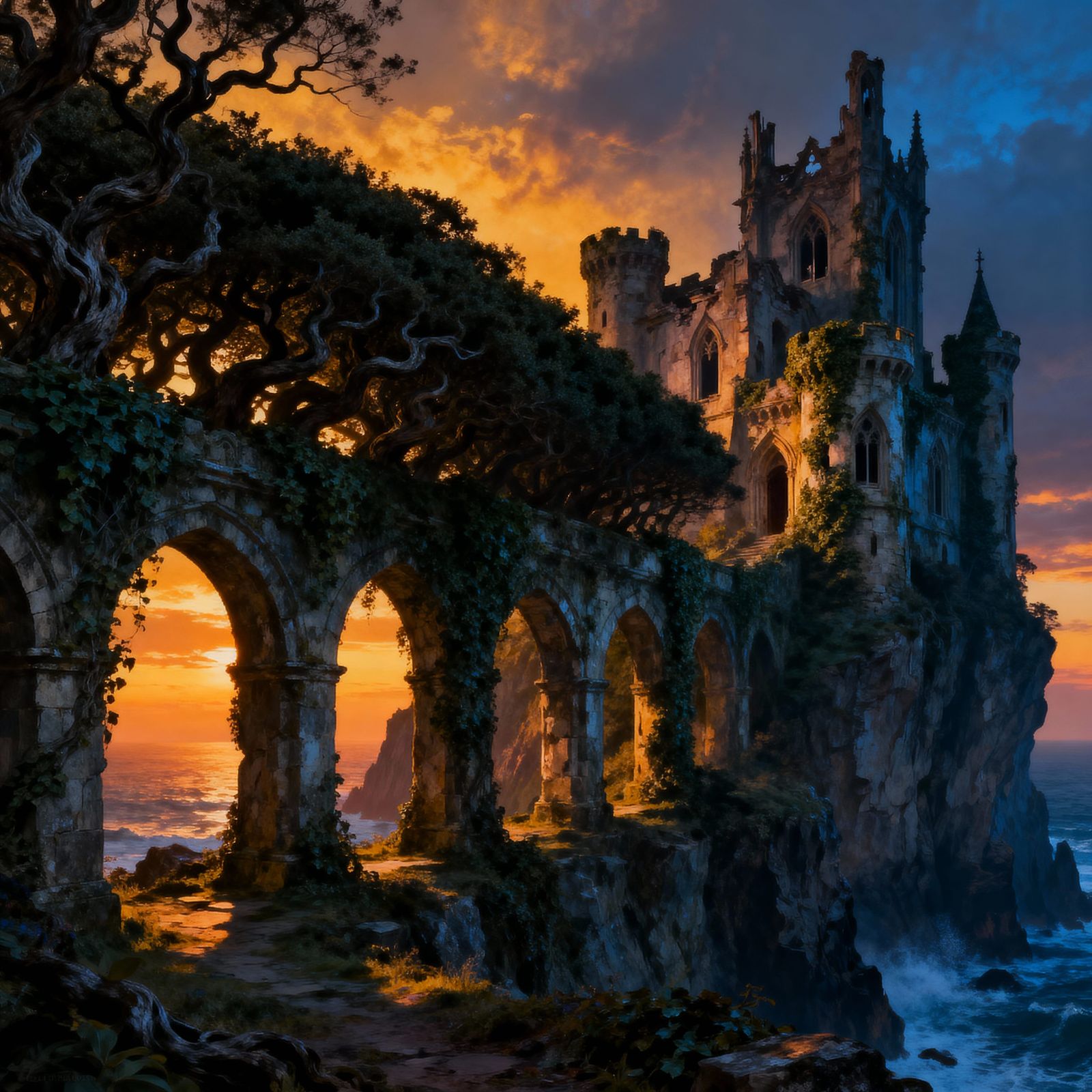 Gothic Romantic Ruins at Sunset