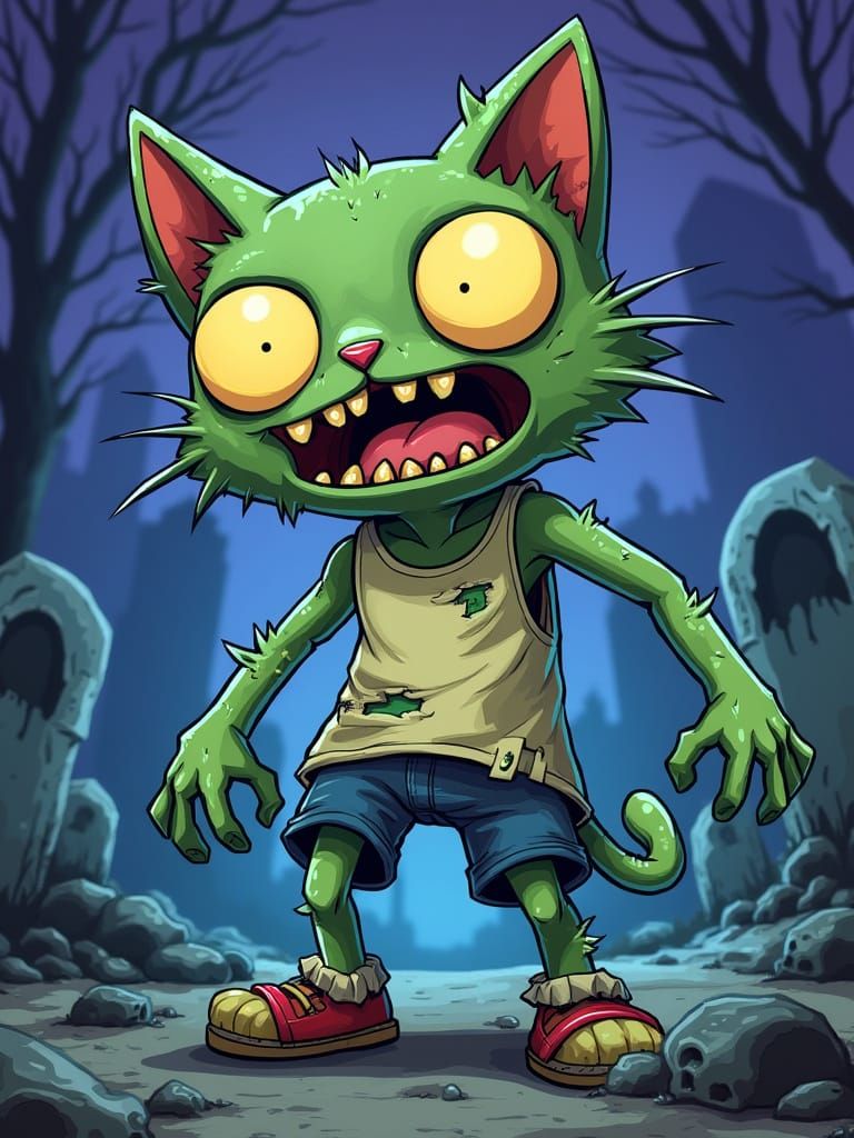 Zombie Cat in Graveyard, Cartoon Style