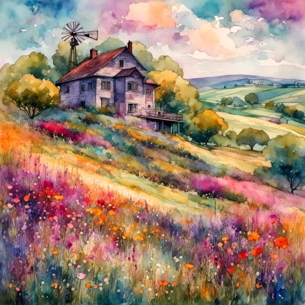 Vibrant Floral Hillside Scene in Liquid Ink Style