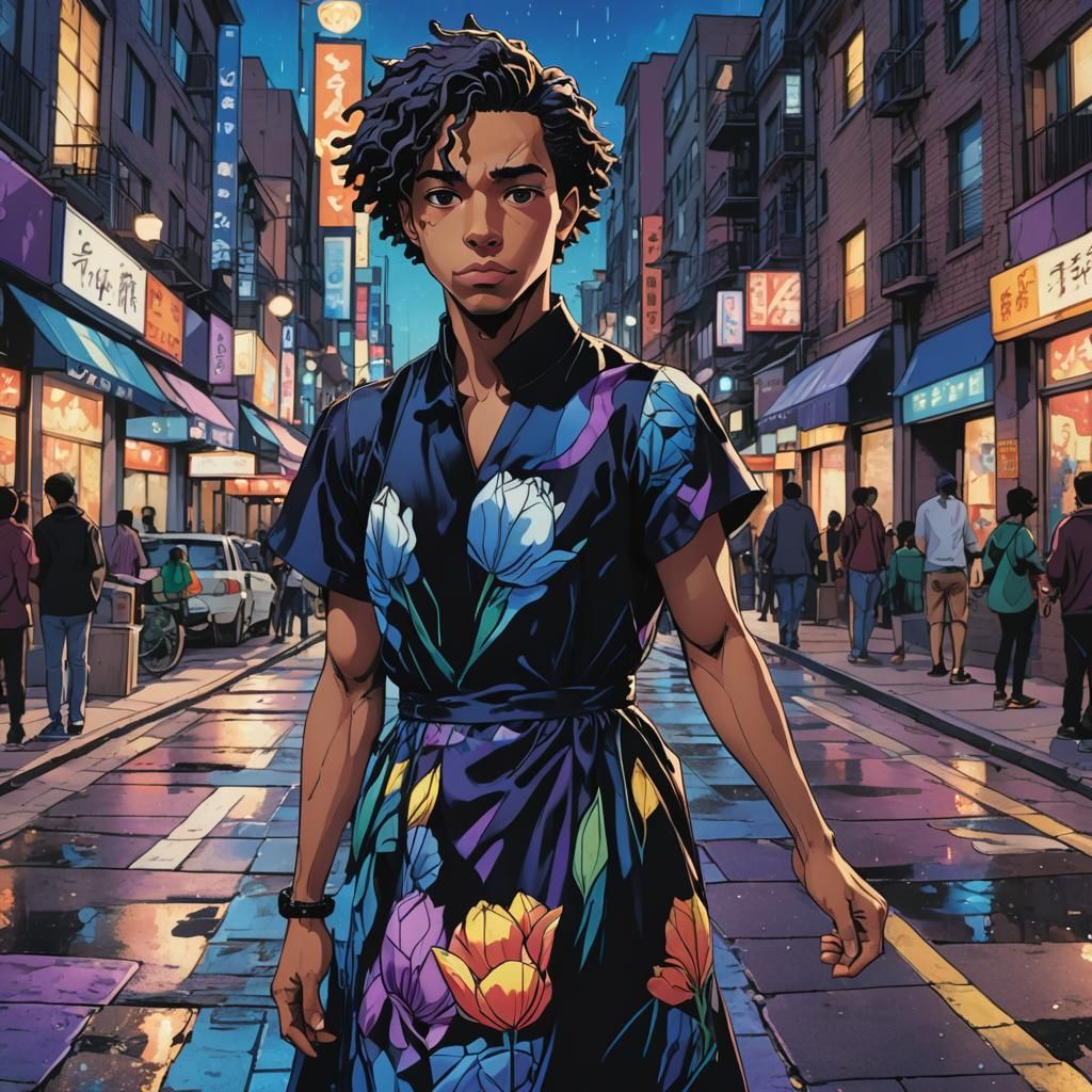 Vibrant Mulatto Man Adorned in Anime-Inspired Tulip Dress