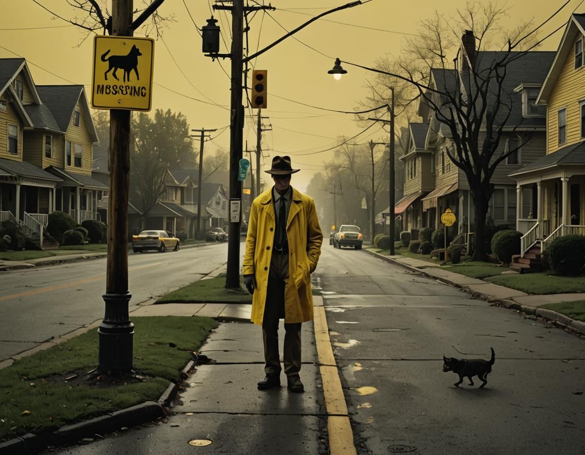 Creepy Suburban Street Scene with Sinister Figure in Yellow