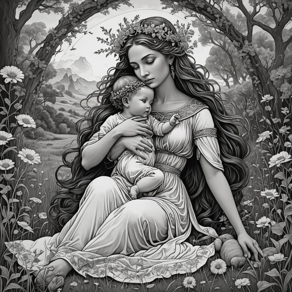 Goddess Rhiannon Plays with Her Infant in Whimsical Meadow S...