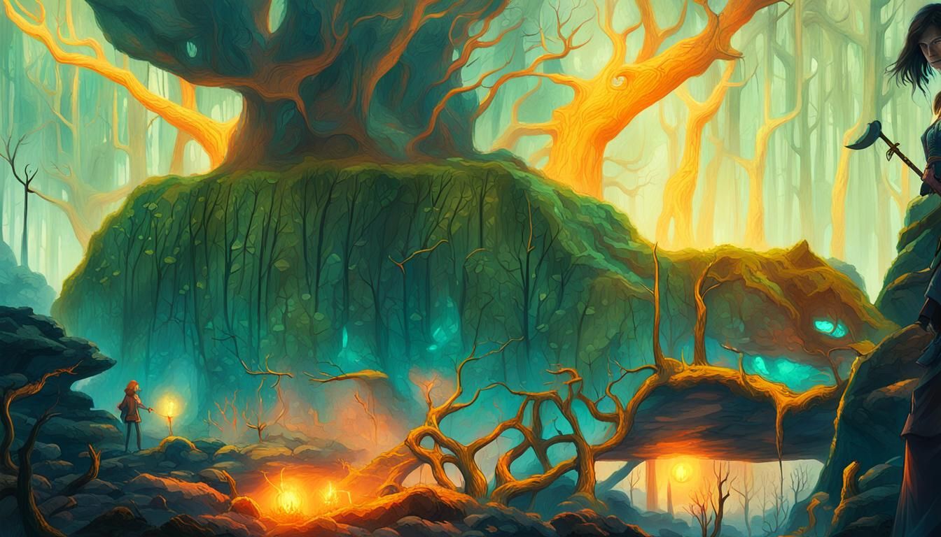 Enchanted Sorceress Amidst Glowing Runes in a Mystic Forest