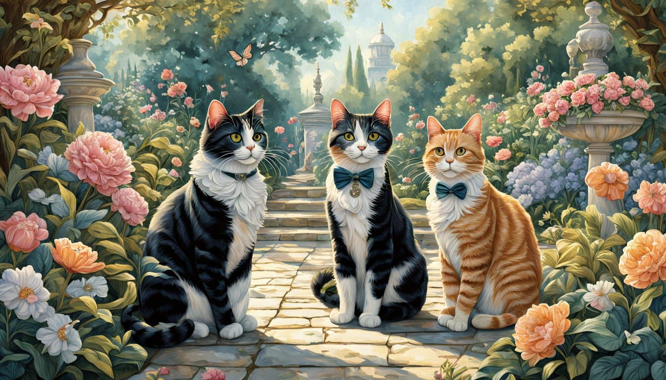 Elegant Cats in Whimsical Rococo Garden Party