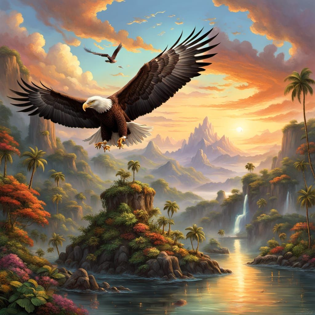 Man on Floating Island with Spiritual Symbols in Golden Hour