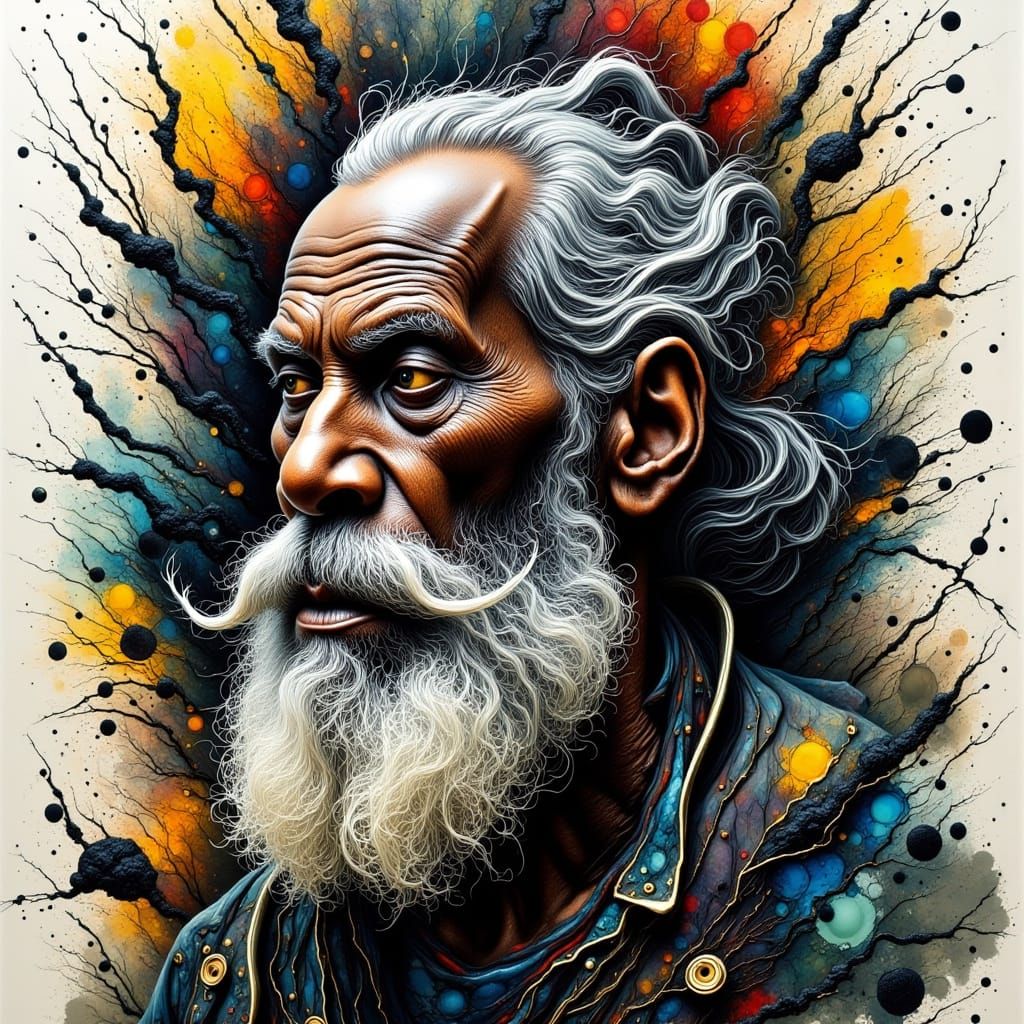 Elderly Black Man's Head in Dramatic, High-Contrast Portrait...