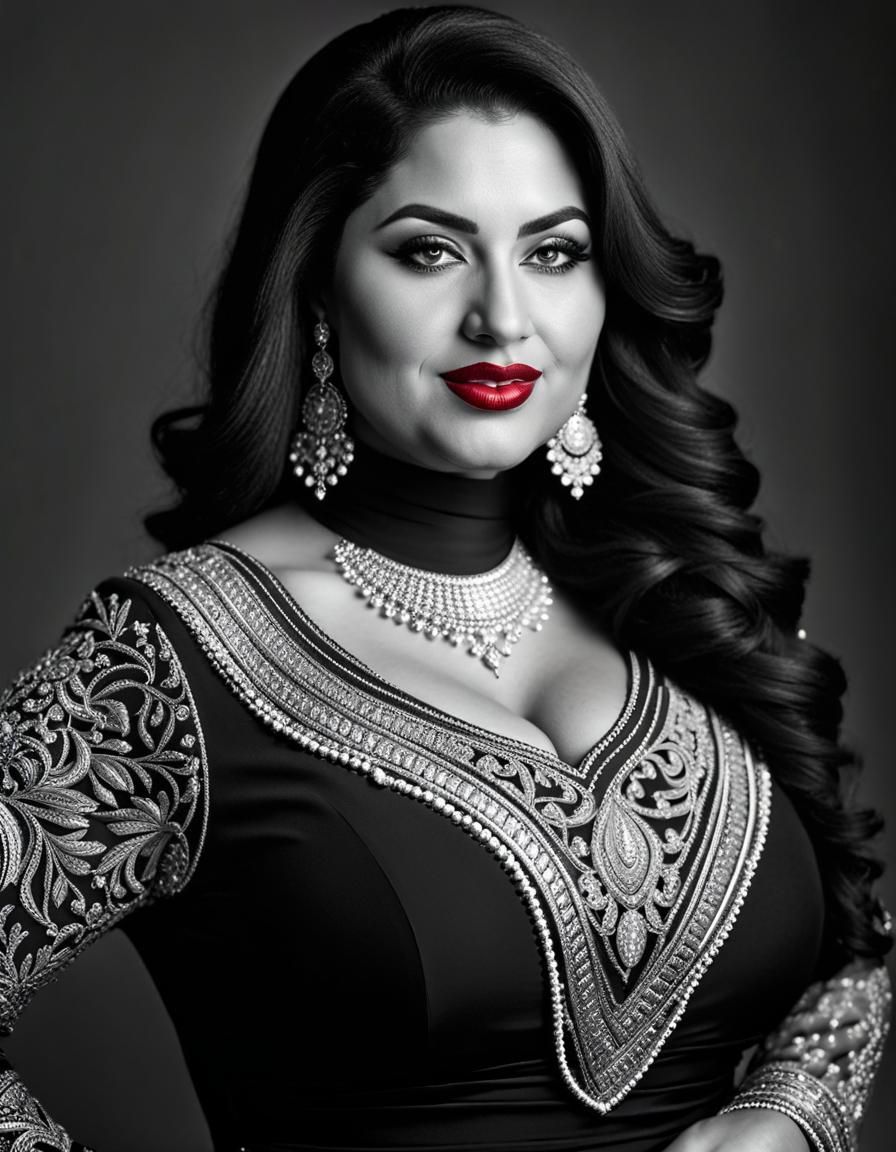 Confident Middle Eastern Woman in Elegant Black and White Po...