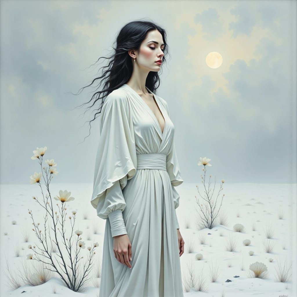 Ethereal White Witch in Snow Landscape