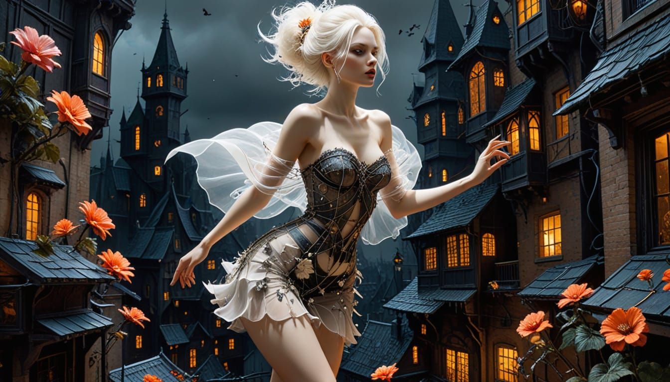Dark Fantasy Cityscape with Albino Woman: Digital Painting