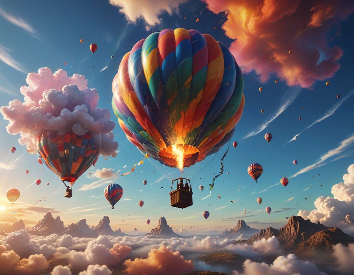 Person Soaring in Balloon: Hyperrealistic Splash Art