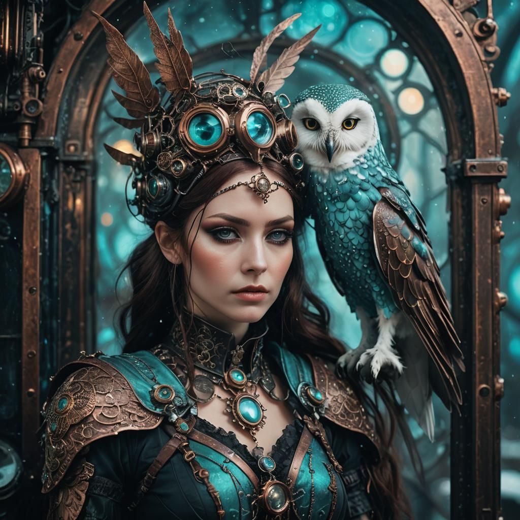 Surreal Victorian Cyberpunk Goddess with Turquoise Owl in St...