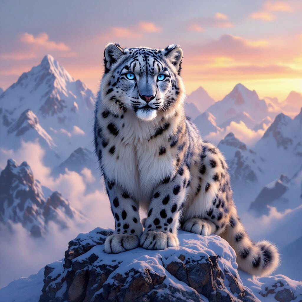 Snow Leopard Portrait on Himalayan Peak, Hyperrealistic Styl...