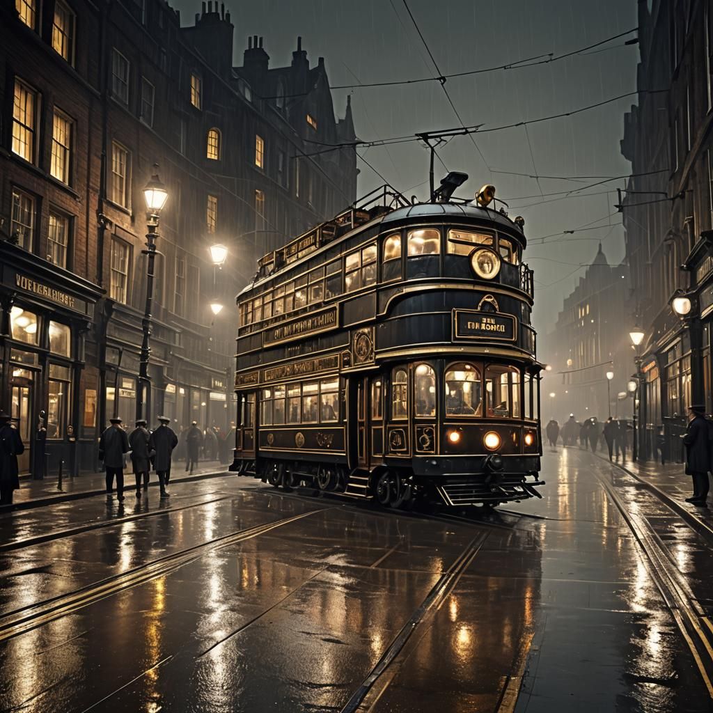 Mysterious Steampunk Tram in Foggy London at Night