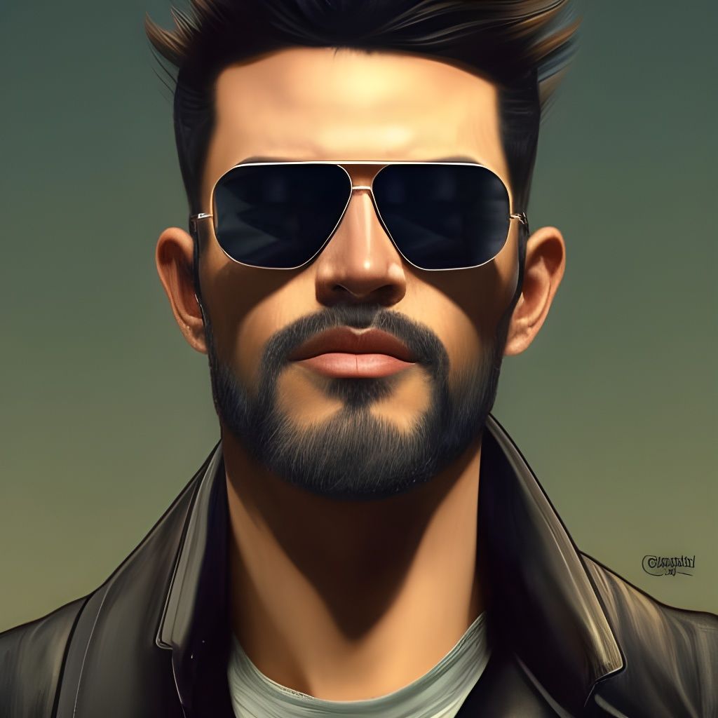 Cool latin man with long leather jacket,dark hair,sunglasses...