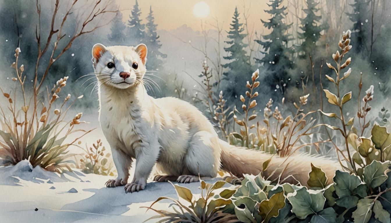 Whimsical Watercolor Least Weasel in Snowy Fog