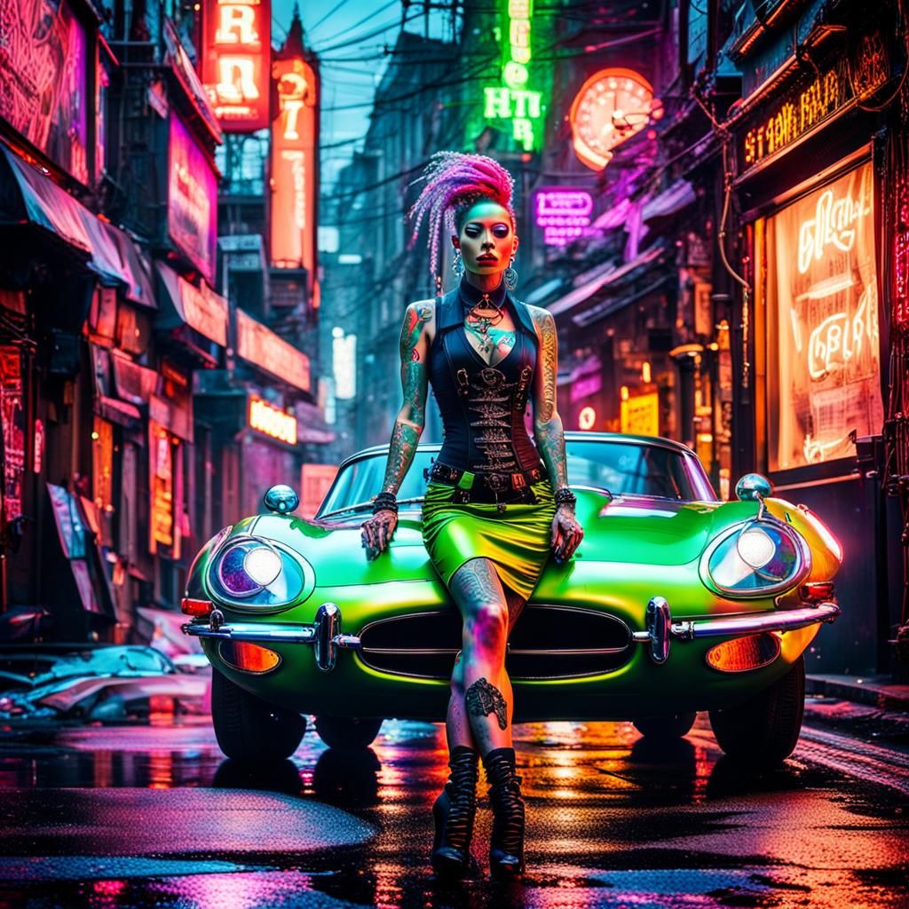 Steampunk Supermodel with Jaguar E Type in Neon Lit City