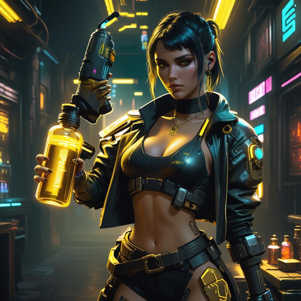 Cyberpunk Alchemist Girl Holding Shimmering Potion
