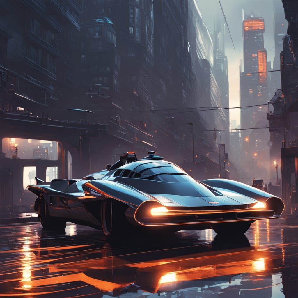 Retro-Futuristic Batmobile Time Machine in a Neon City