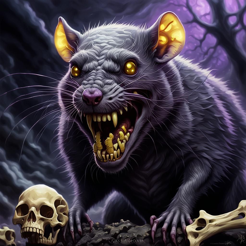 Dark Fantasy Rat Devours Human Remains in Dull, Dank Lair