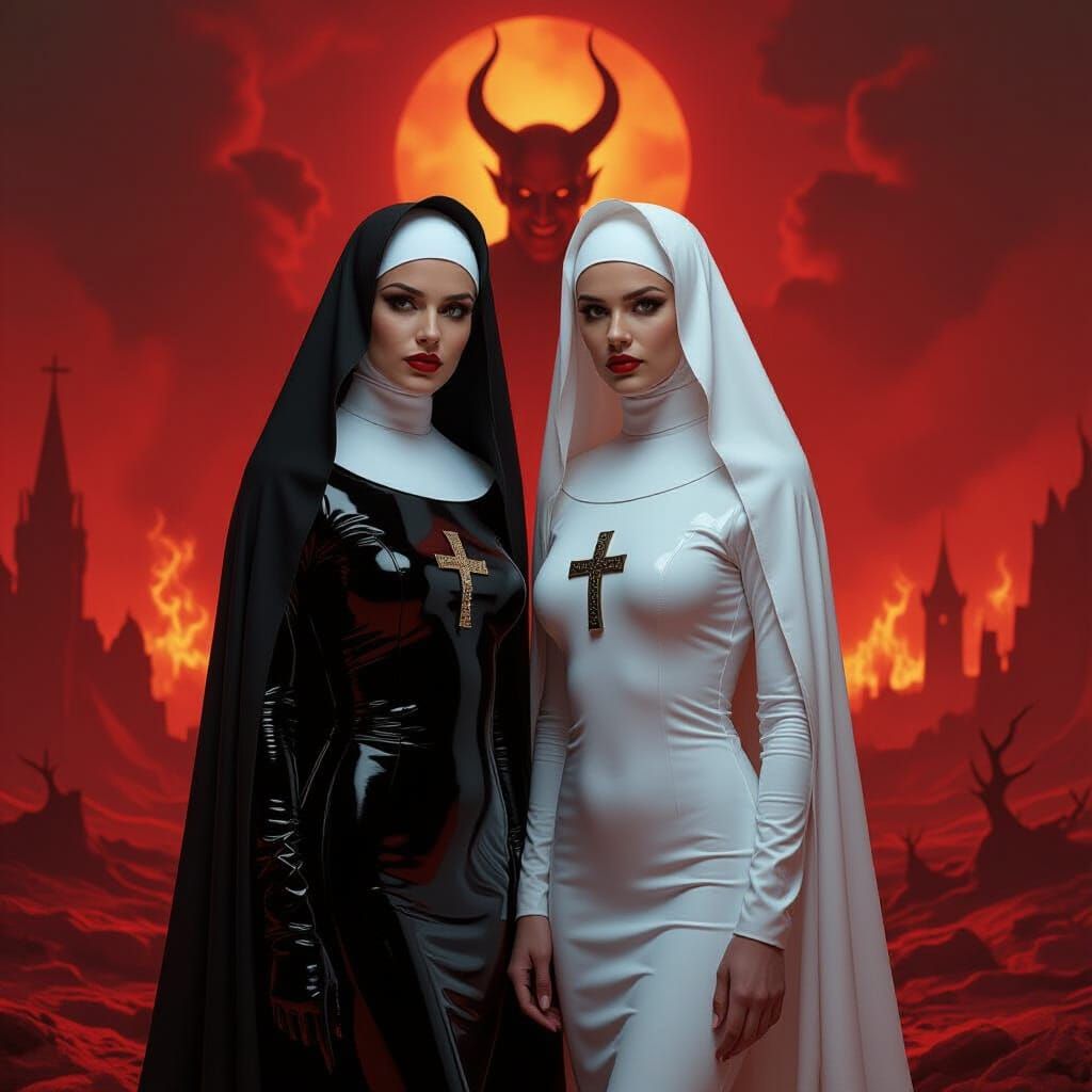 Gothic Nuns in Hell with Satan, Dark Art Style