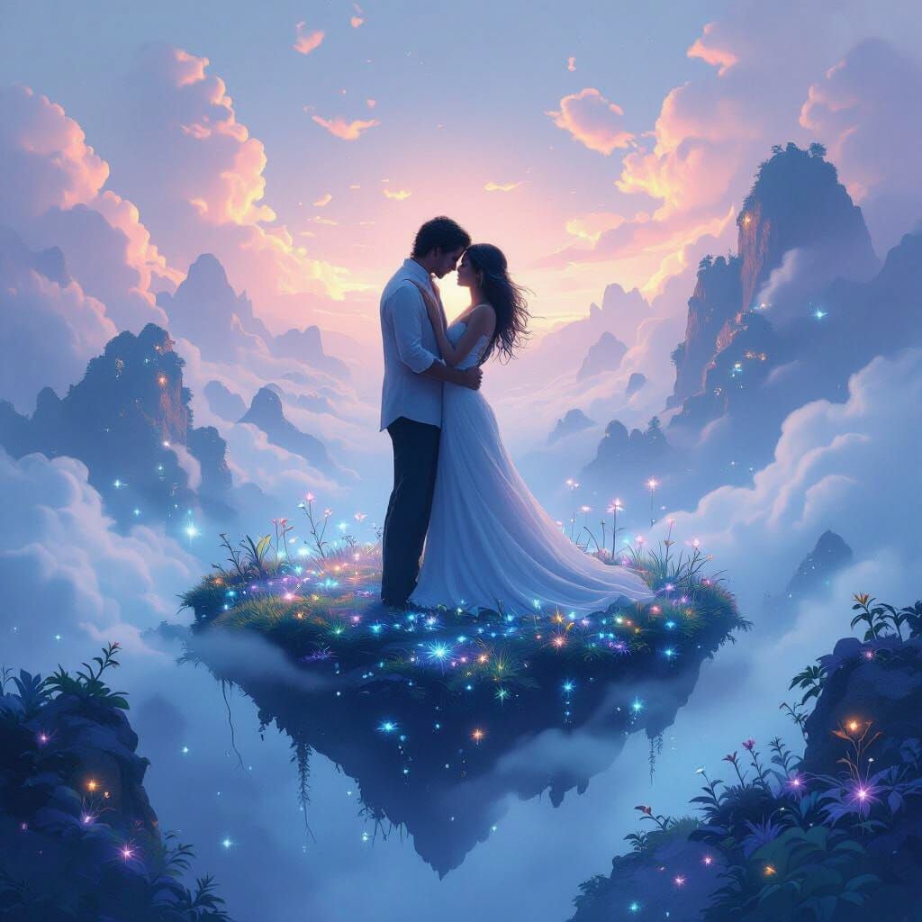 Couple Embracing on Mystical Floating Island