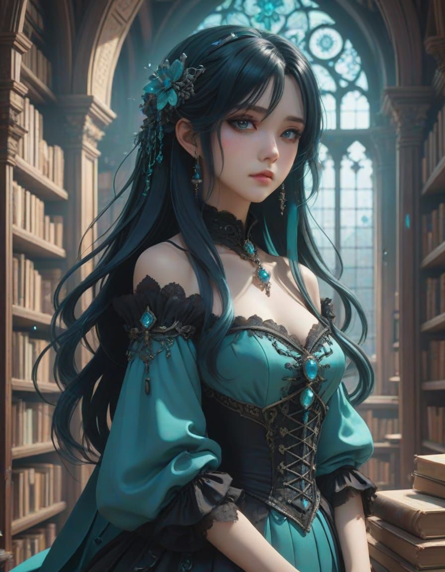 Gothic Anime Woman in Dilapidated Library