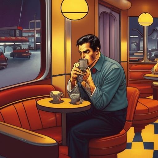 Smooth Noir Detective Rides Night in 1950s Diner