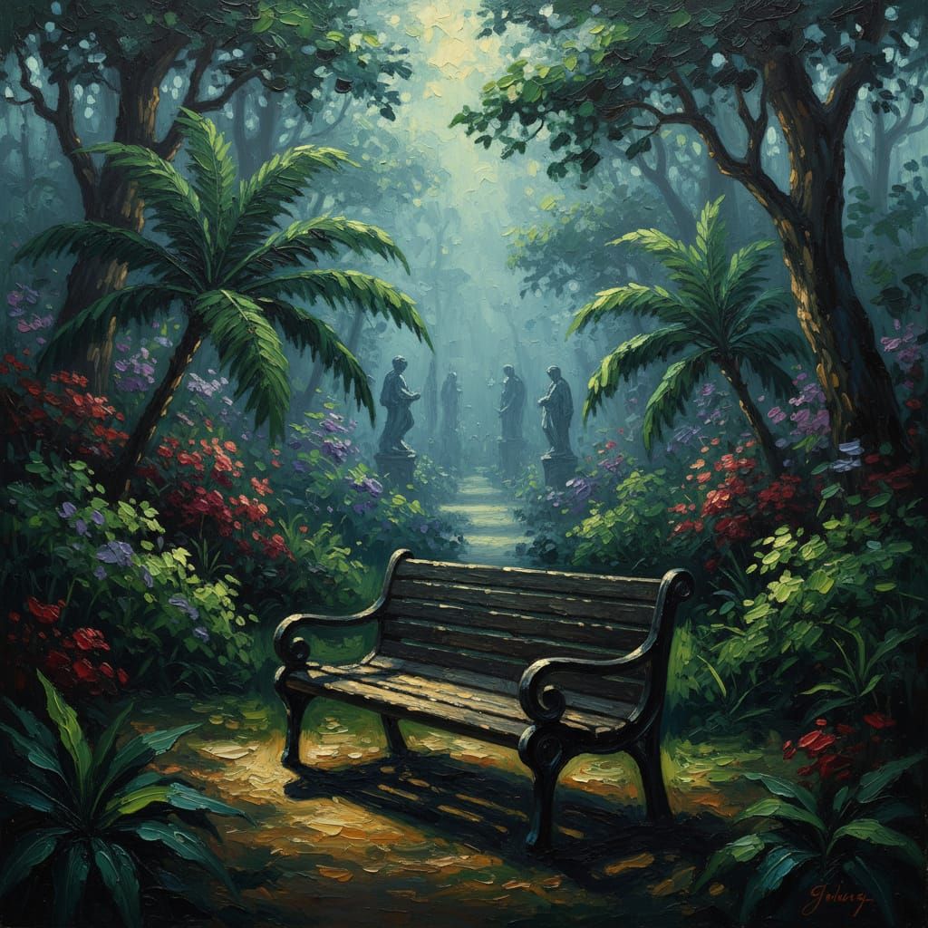 Solitary Park Bench in Botanical Garden with Moody Lighting