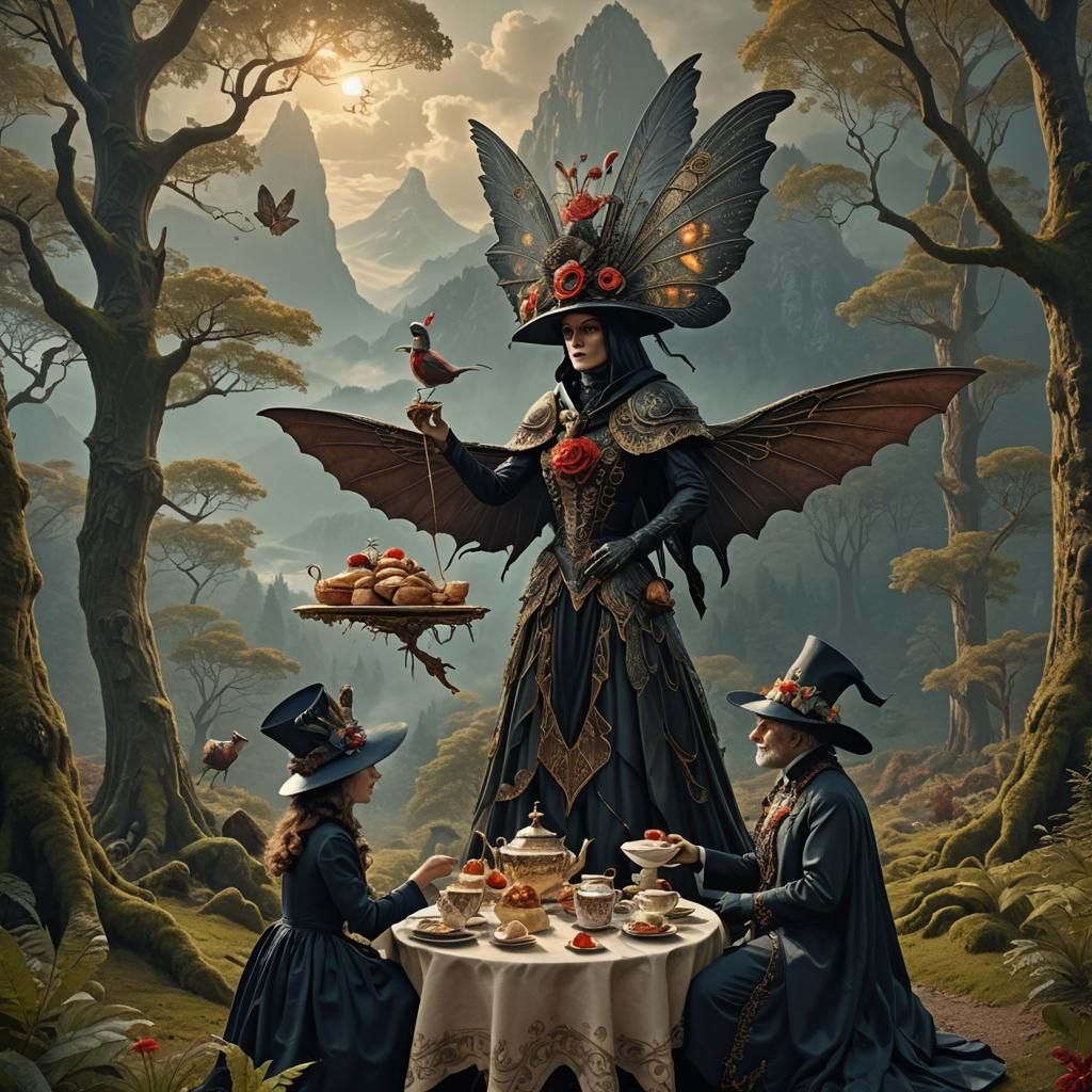 Mothman's Whimsical Teatime with Daugher in Fantastical Wood...