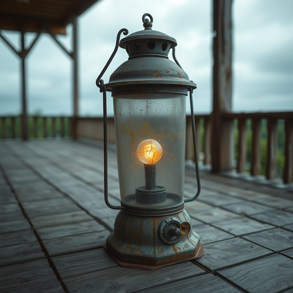 Worn Lantern Emitting Warm Glow in Dystopian Setting