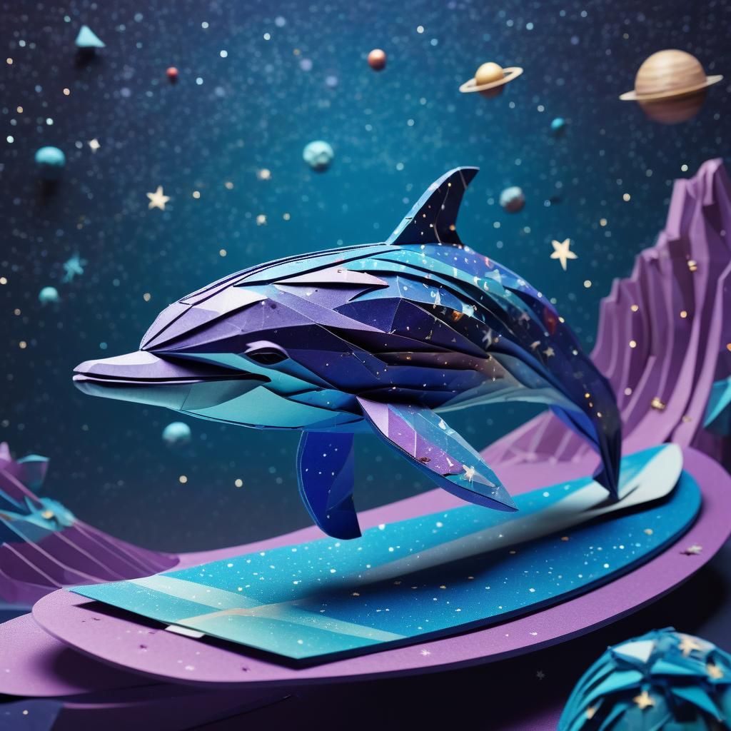 Dolphin Surfs Cosmos in Origami-Inspired Masterpiece