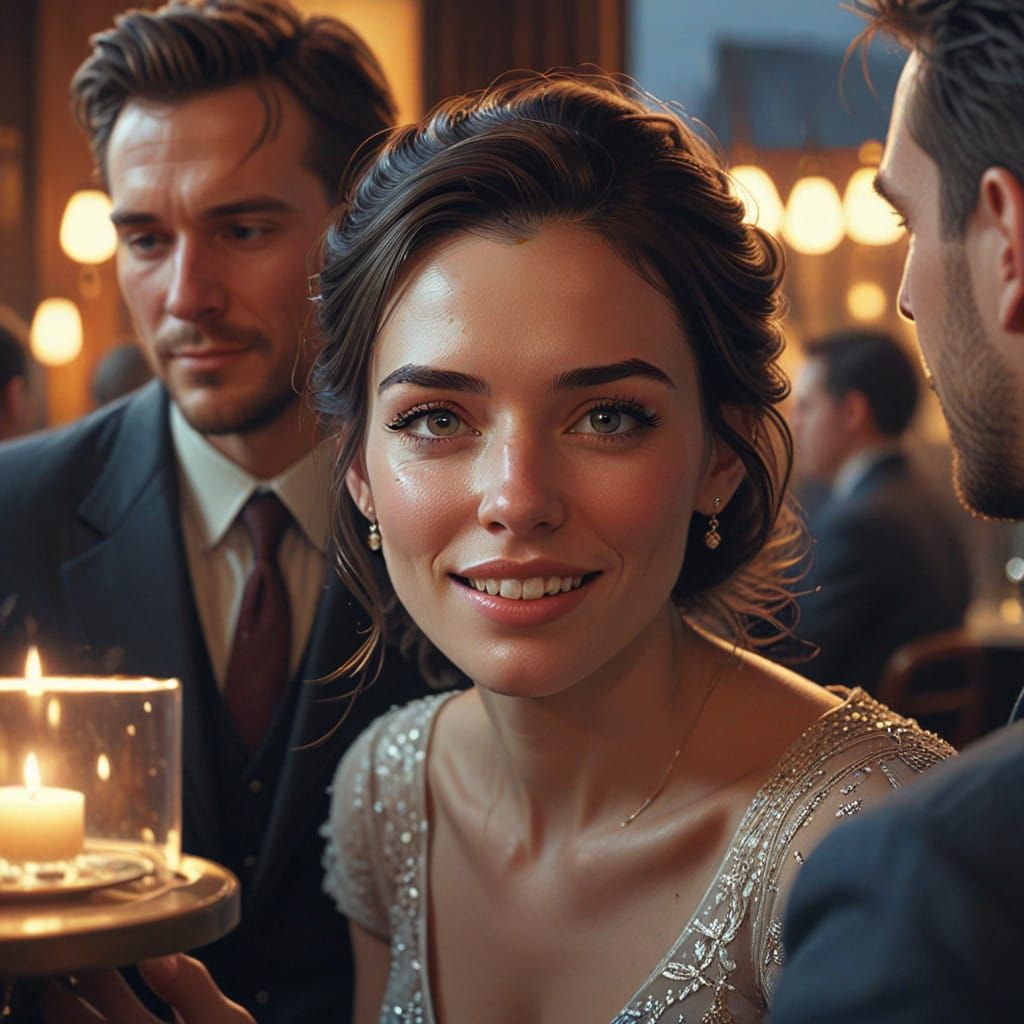 Young Woman's Joyful Moment with Fiancé in Elegant Restauran...