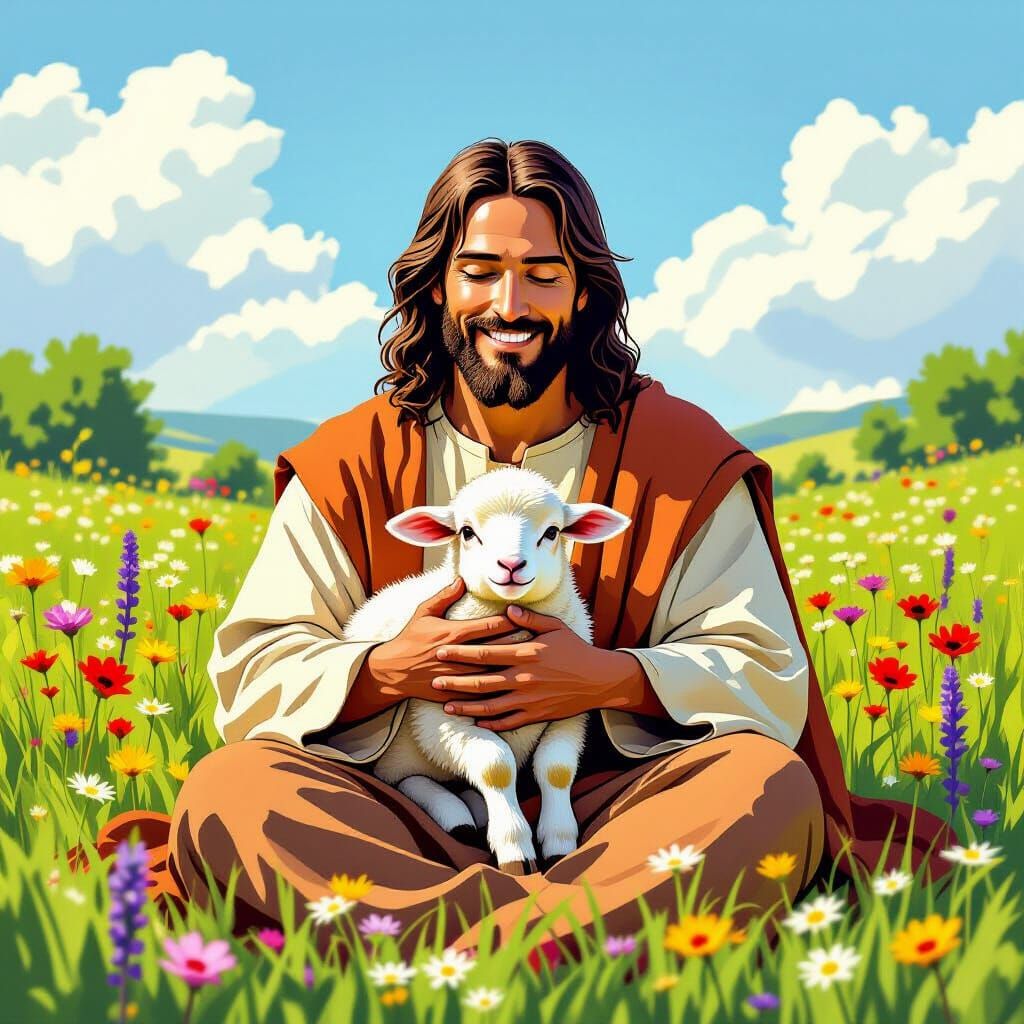 Jesus with Lamb in Hyper-Realistic Comic Book Style