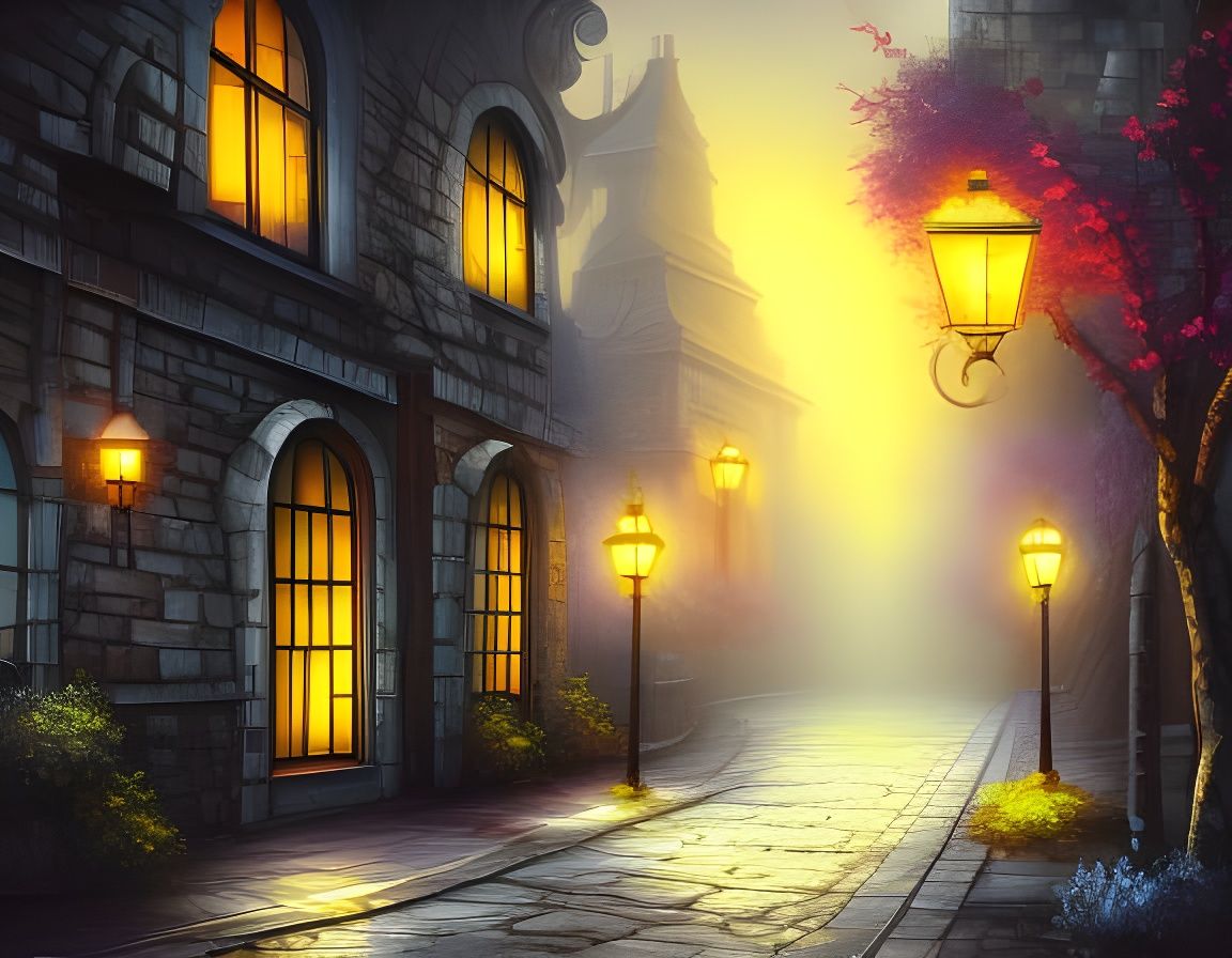 Whimsical City Street Scene in Fine Art Painting Style