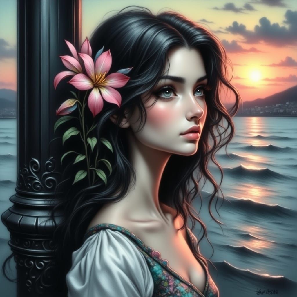 Woman in Sunset Harbor Scene with Flowers in Hair