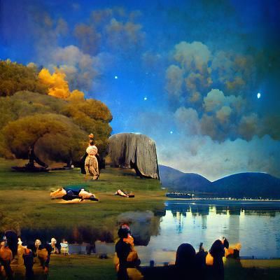 Serene Mountain Lake Scene with Stars and Campfire