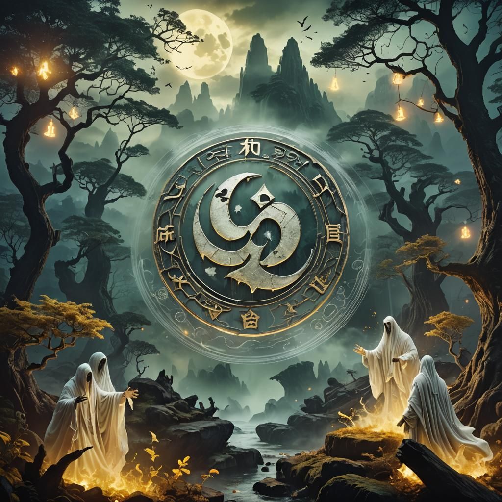 Wu-Tang Clan Logo Swept by Ethereal Ghosts in Mystical Realm