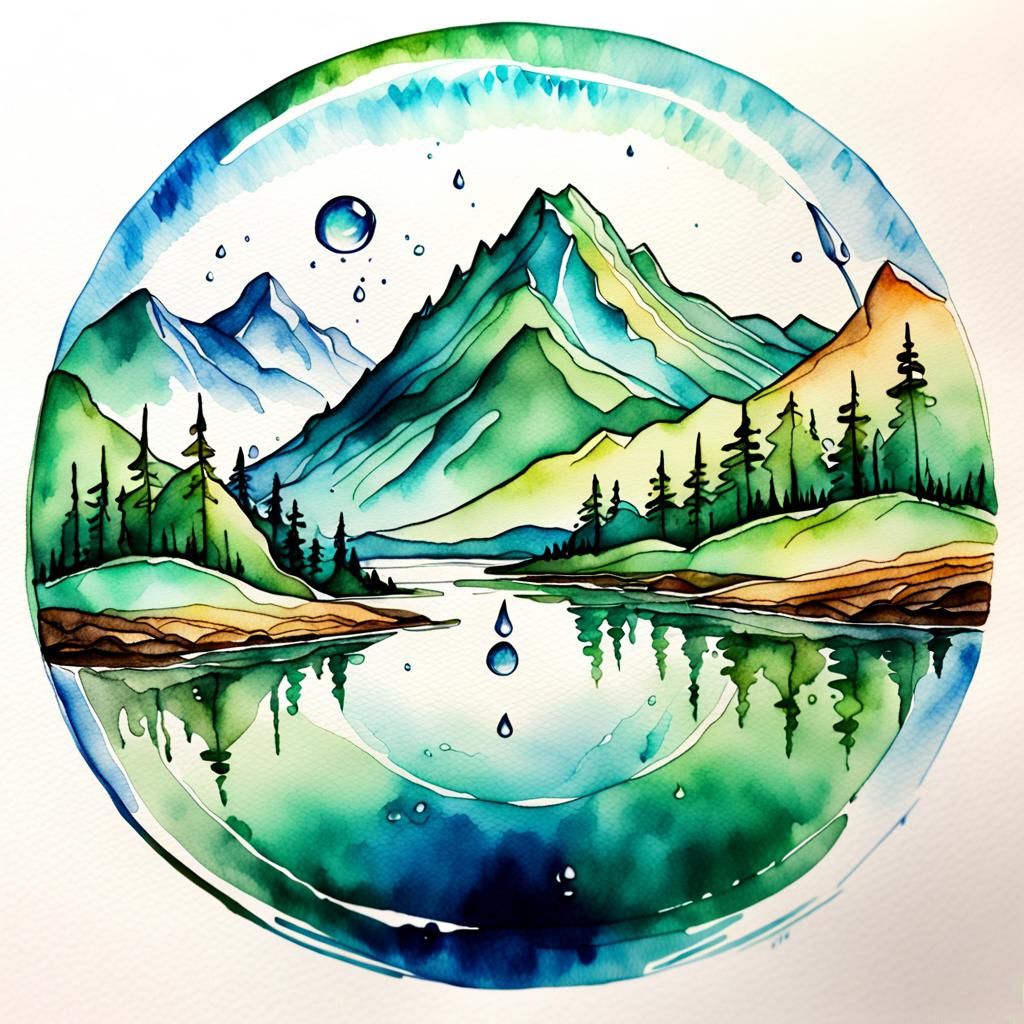 Surreal Watercolor Ball Reflects Misty Mountain Landscape in...