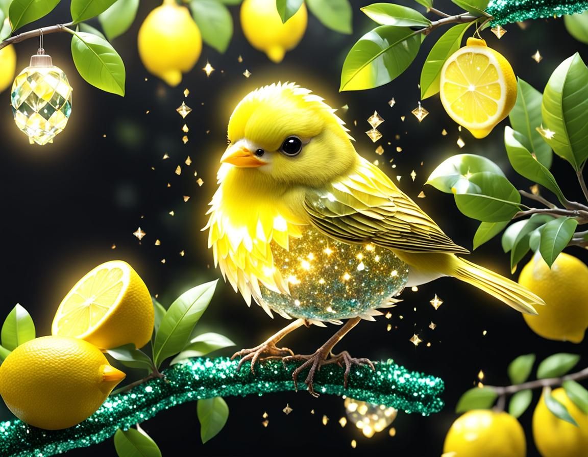 Baby Yellow canary bird perched on a lemon tree, super cute,...