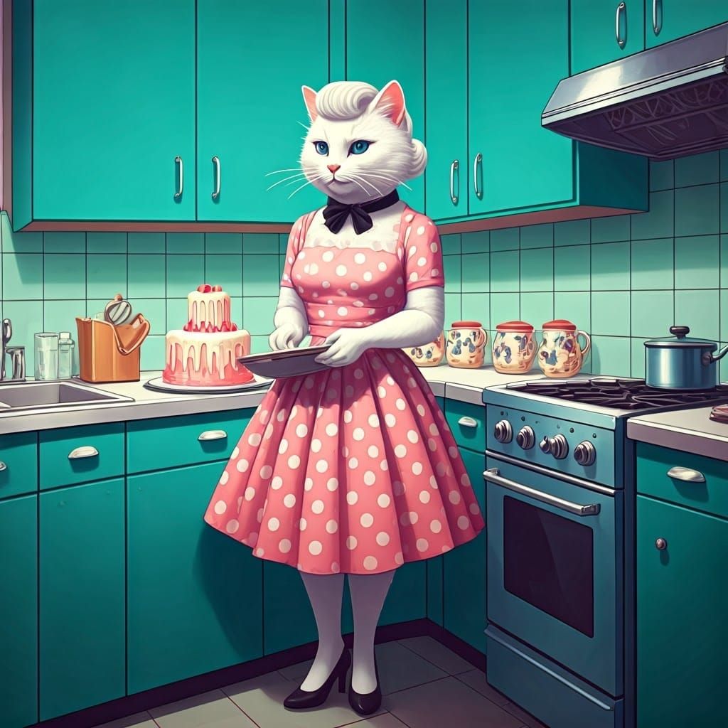 Fluffy Vintage Cat Bakes a Cake in Retro Kitchen