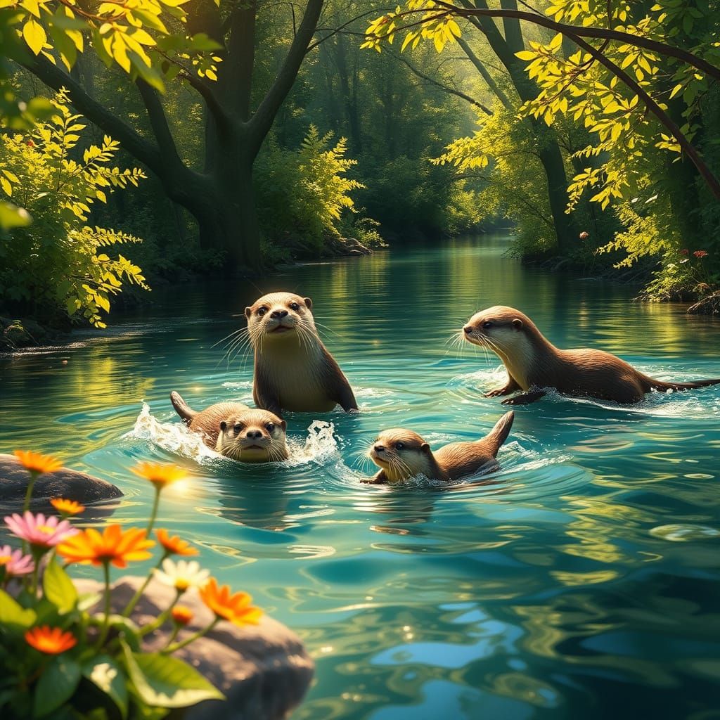 Sleek Otters Play in Crystal-Clear River Landscape