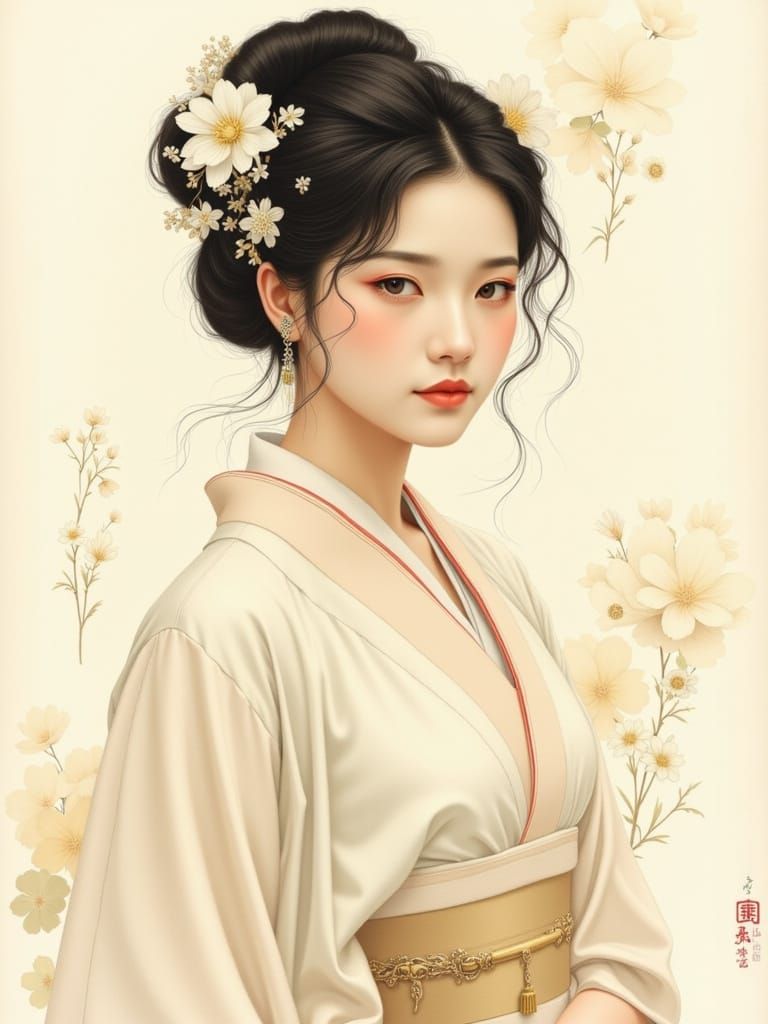 Serene East Asian Woman in Vintage Japanese Style