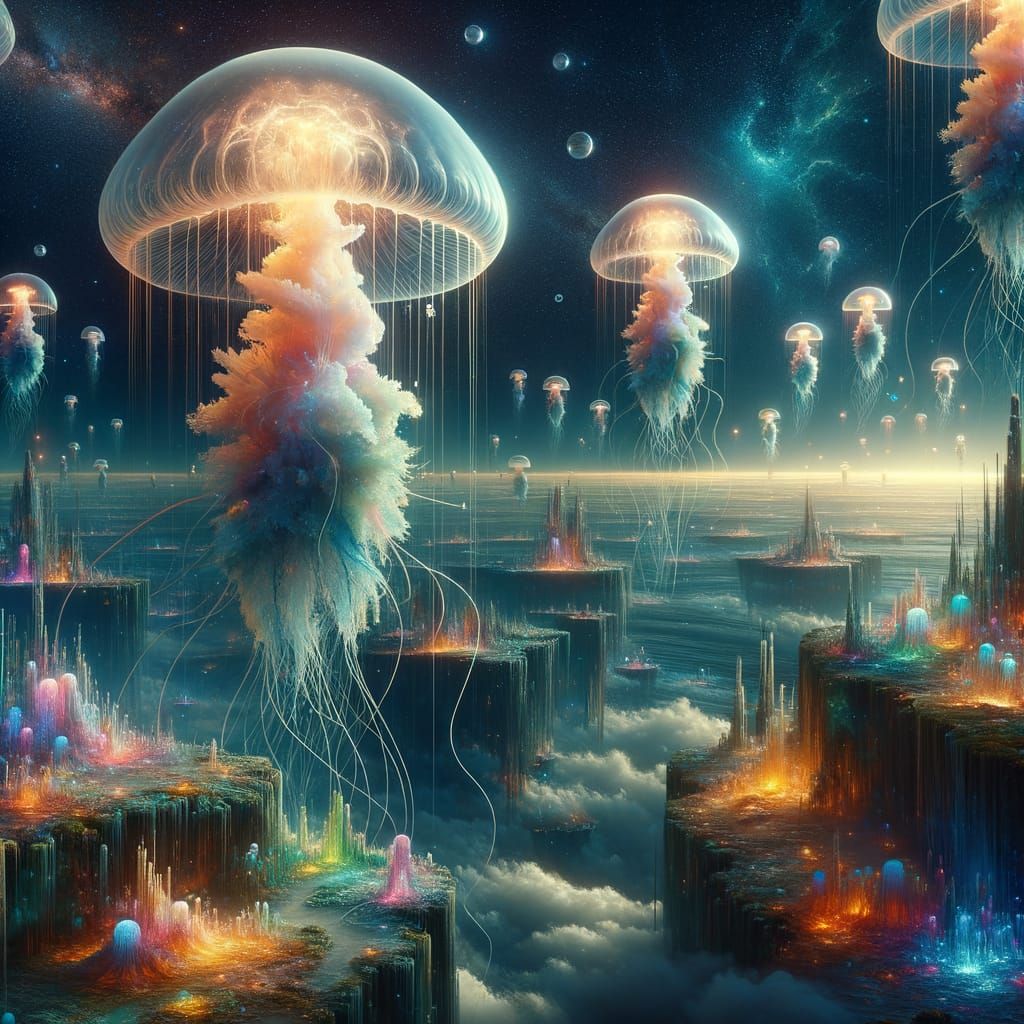 Surreal Floating Islands with Glowing Sky Jellies