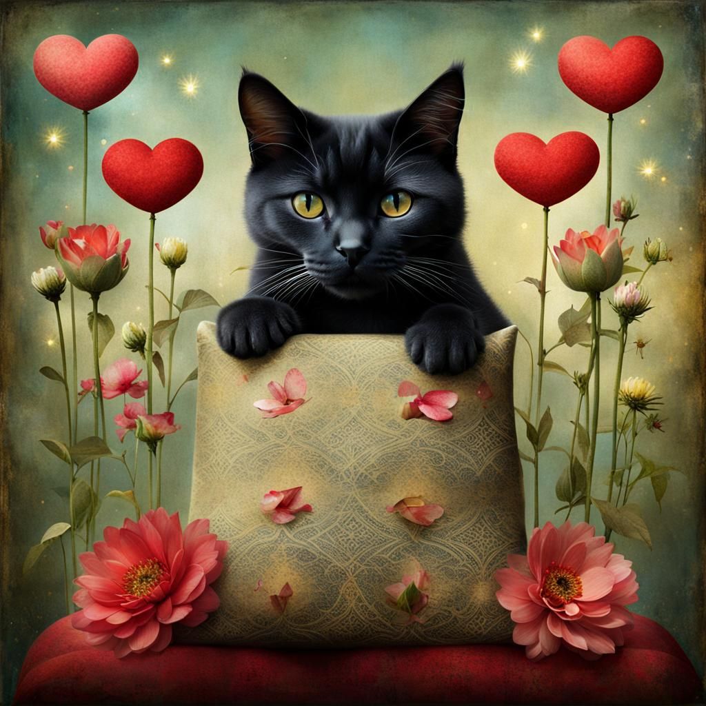 Surreal Collage of Adorable Feline Surrounded by Whimsical F...