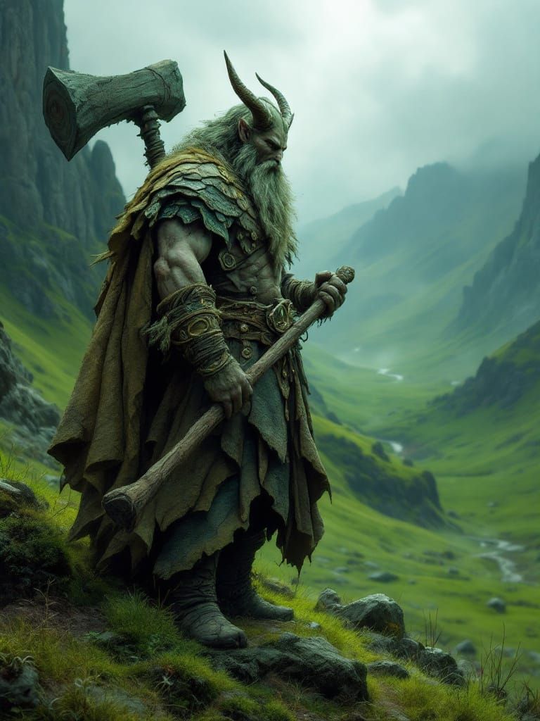 Celtic Deity Dagda Stands Tall Amidst Emerald Landscape